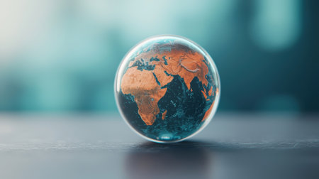 A close-up image of a glass globe placed on a table, with a copy space background for adding text. The picture relates to global network business technology, environment day, and world health dayの素材