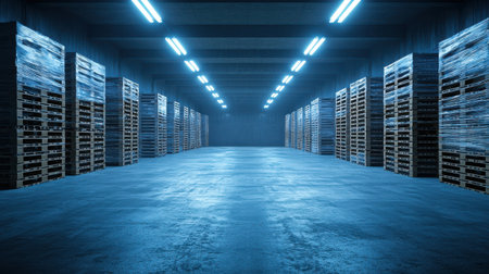 Spacious factory storage room filled with stacked pallets bright fluorescent lighting wide-angle shot industrial vibeの素材