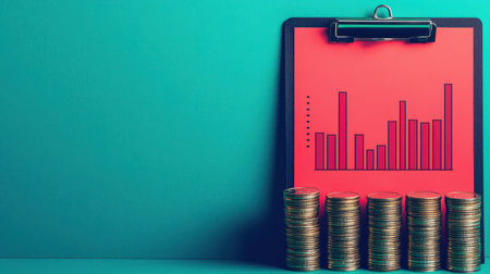 A clipboard displaying a chart alongside stacks of coins, illustrating financial data and analysis, monthly report, charts calendars coins, Simple and minimalist flat Vector Illustrationの素材