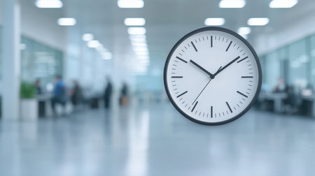 A clock displays the time with motion-blurred individuals bustling in the office background, suggesting a hectic workday atmosphere.の素材