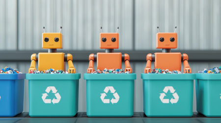 Smart AI-driven waste management system with robotic arms sorting recyclables, futuristic clean energy integrationの素材