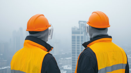 Researchers installing air quality sensors in a smog-filled city, collecting data on pollution and its effects on climate conservation effortsの素材