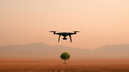 AI-powered drones reforesting barren landscapes, autonomous machines planting trees for environmental restorationの素材