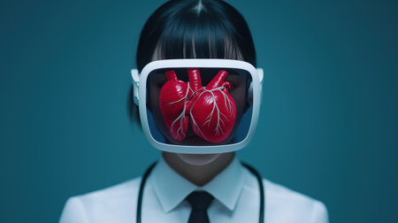 Medical trainee wearing an AR headset, analyzing a real-time holographic simulation of a beating human heart with labeled anatomyの素材