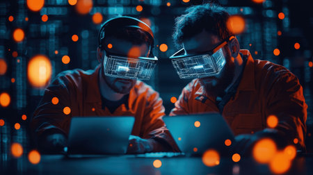 Engineers using AR smart glasses to build a robotic prototype, holographic schematics floating around, cyber-tech workshopの素材