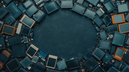 Circular economy concept, old electronics transforming into raw materials, symbolizing sustainable e-waste recyclingの素材