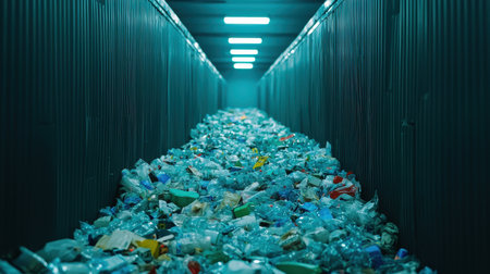 A futuristic AI-powered conveyor belt automatically detecting and sorting e-waste for reuse and recycling, ensuring sustainable waste managementの素材