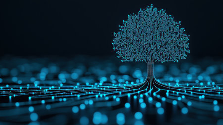 Abstract representation of sustainability, a digital tree growing from recycled electronic components, symbolizing responsible processingの素材