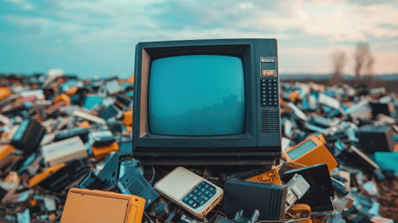 Massive landfill filled with discarded electronics, toxic fumes rising as improperly disposed e-waste pollutes the environmentの素材