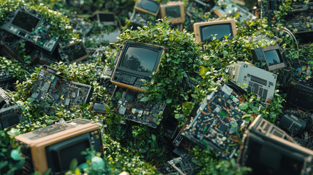A surreal image of electronic waste turning into lush greenery, symbolizing sustainable collection and environmental responsibilityの素材