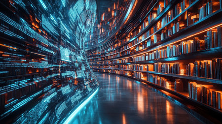 A futuristic library where books transform into interactive holographic lessons, representing the evolution of education through ARの素材