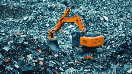 High-tech e-waste recycling plant with conveyor belts sorting discarded electronics, robotic arms extracting valuable materialsの素材