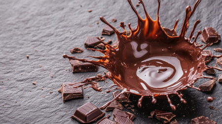 Artistic chocolate splash against a textured slate contrasting colors moody atmosphere spotlight focus low angle shotの素材