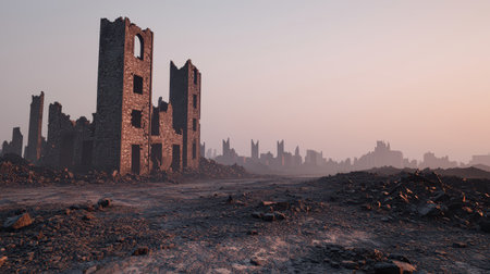 Chaotic AI-rendered rubble intricate dust patterns intense mood harsh side lighting wide-angle viewの素材