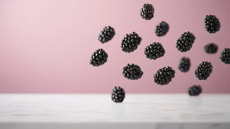 Blackberries falling onto a white marble surface rich colors minimalist vibe high contrast lighting eye-level shotの素材