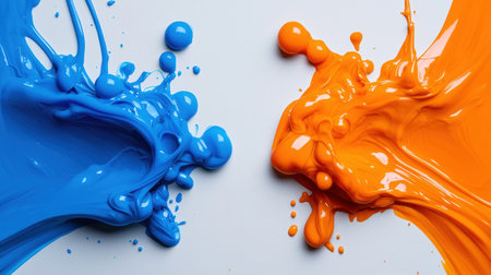 Close-up of blue and orange ink droplets colliding intricate textures visible dramatic shadows side lighting artistic studio settingの素材