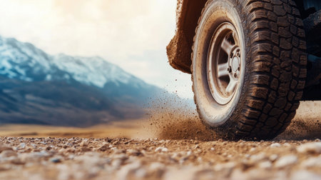 Close-up of tires kicking up dirt during a jump high-speed motion gritty mood natural light top-down angle mountain landscapeの素材