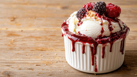 Creative ice cream dessert with dynamic splatter artistic presentation on a rustic wooden table soft natural light side view angleの素材