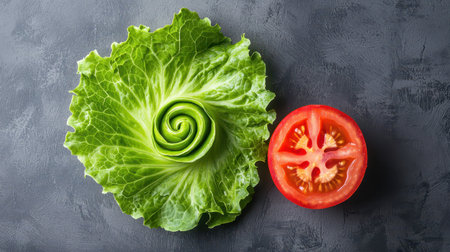 Fresh lettuce leaf spiraling gracefully beside juicy tomato slice colorful and playful mood high contrast lighting overhead viewの素材