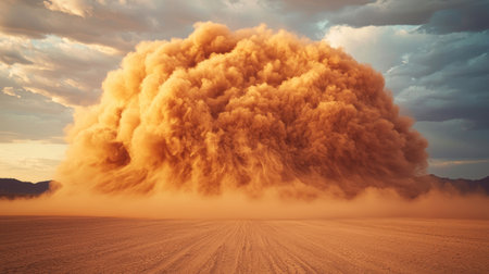 Intense dust cloud swirling dramatically desert landscape backdrop fierce energy golden hour lighting low-angle shotの素材