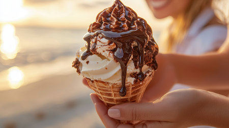Dripping sundae overflowing with chocolate syrup happy couple sharing it at a beach golden sunset lighting wide angle viewの素材