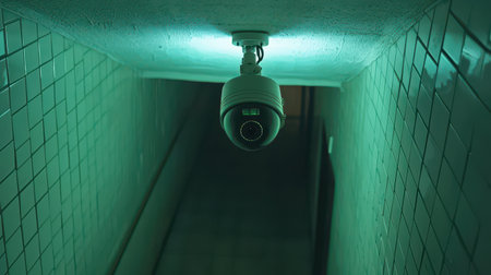 AI surveillance camera monitoring entrance sleek design tense atmosphere dimly lit corridor overhead viewの素材