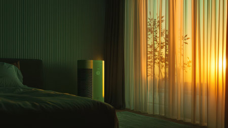 Air purifier in a cozy bedroom softly illuminated peaceful vibe evening light filtering through curtains eye-level angleの素材