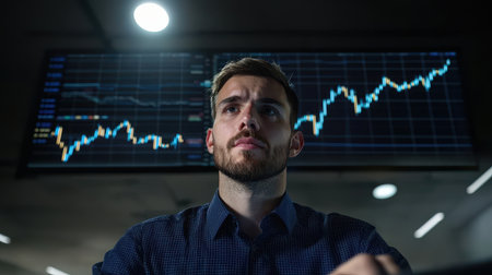 Business professional analyzing blue-chip stock charts focused expression corporate office bright overhead lighting close-up shotの素材