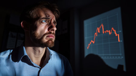 Businessman looking worried glancing at falling stock graphs dimly lit office dramatic shadows close-up angleの素材