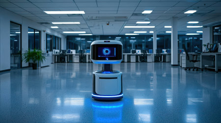 Futuristic AI security robot scanning surroundings alert posture high-tech office environment cool blue lighting low angle shotの素材
