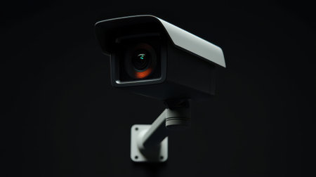 Close-up of high-tech security camera lens sharp focus dramatic shadows studio background minimalistic designの素材