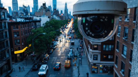 High-tech surveillance camera overlooking busy urban street crisp details moody twilight aerial view city skyline backdropの素材