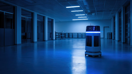 Futuristic AI security robot scanning surroundings alert posture high-tech office environment cool blue lighting low angle shotの素材