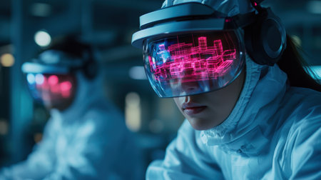 Team of engineers using AR holograms to collaboratively design a futuristic city, glowing blueprints floating in midairの素材