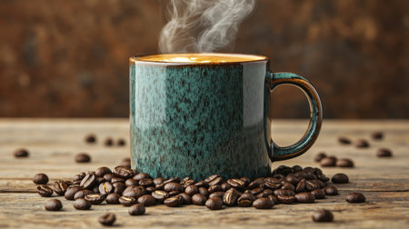 Glossy coffee beans artfully arranged around a steaming mug cozy atmosphere soft diffused light eye-level shot wooden table settingの素材
