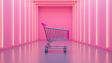 A colorful shopping cart with neon lights in a futuristic, illuminated mall aisle, creating a vibrant and modern retail environment.の素材