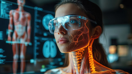 Medical student interacting with a 3D augmented reality human body model for anatomy training, immersive healthcare educationの素材