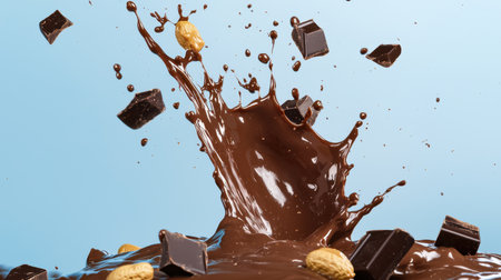 Artistic splash of chocolate peanut butter milk against a white background dynamic motion high contrast lighting action shot.の素材