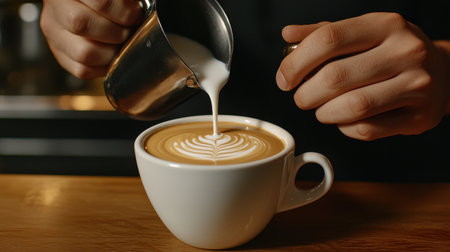 Barista frothing oat milk with precision focus on creamy texture bright cafe interior natural light close-up shotの素材