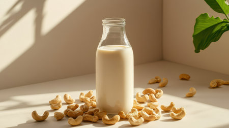 Cashew milk in a stylish bottle surrounded by raw cashews natural light filtering through window high angle shot minimalist aestheticの素材