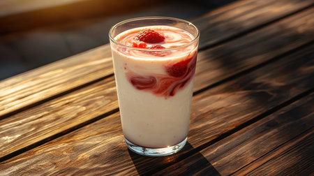 Frosted glass of white chocolate raspberry milk swirling colors rustic wooden table warm afternoon sun close-up focusの素材