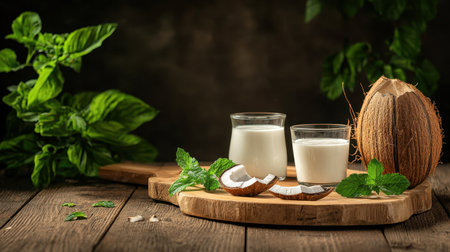 Close-up of keto-friendly recipes using coconut milk vibrant colors warm atmosphere side angle rustic table settingの素材