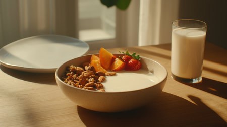 Cozy breakfast scene with almond milk in a bowl fresh fruits and nuts warm morning light close-up shotの素材