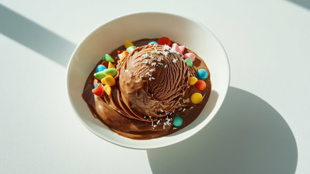 Ice cream sundae with chocolate almond milk base colorful toppings festive celebration scene bright daylight flat lay view.の素材