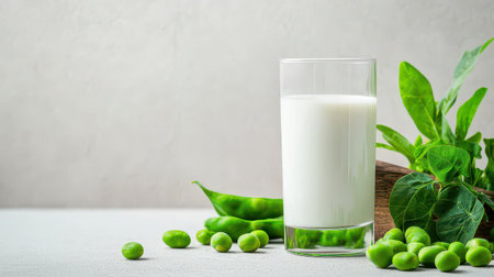 Nutritional benefits of high-protein pea milk displayed with fresh peas clean white background bright and informative mood flat lay angleの素材