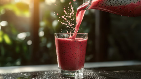 Refreshing dragon fruit smoothie being poured splashes captured tropical outdoor setting golden hour light close-up viewの素材