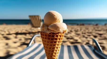 Summery coconut milk sorbet in a cone beach chair background joyful summer vibes golden hour light wide-angle perspectiveの素材