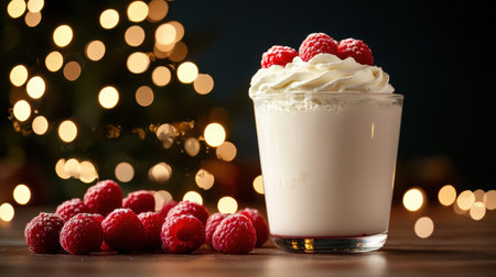 Whimsical white chocolate raspberry milk with whipped cream festive dessert table soft fairy lights dreamy bokeh effect eye-level viewの素材