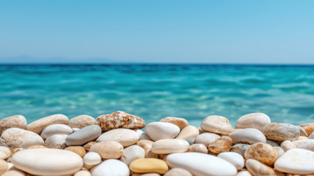 A close-up of smooth pebbles lining the shore of a clear, blue ocean, Smooth pebbles lining the shore, leading into the clear waterの素材