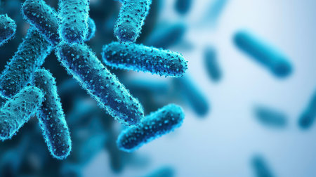 A close-up view of stylized microorganisms against a soft blue and white background, creating a gentle and scientific atmosphereの素材